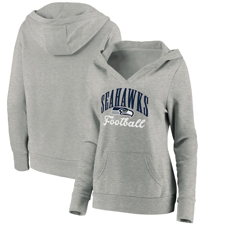 Women Seattle Seahawks Fanatics Branded Heathered Gray Victory Script V-Neck Pullover Hoodie